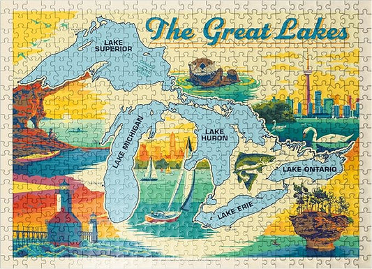 MyPuzzle The Great Lakes Illustrated Map and Landmarks - Premium 500 Piece Jigsaw Puzzle for Adults