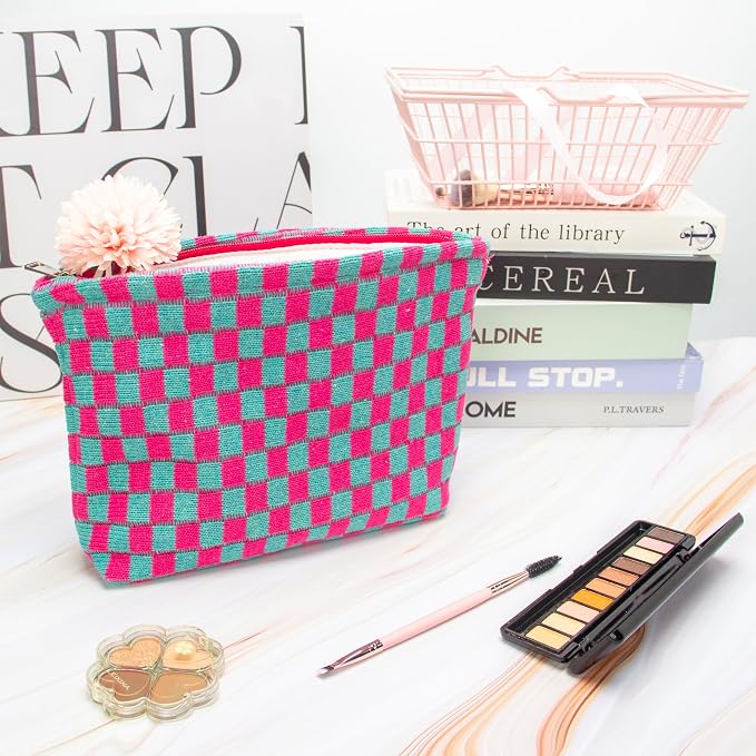 PAZIMIIK Knitted Checkered Makeup Bag Large Zipper Make Up Accessory Pouch for Purse Cosmetic Brush Bag for Travel Essential Magenta Green