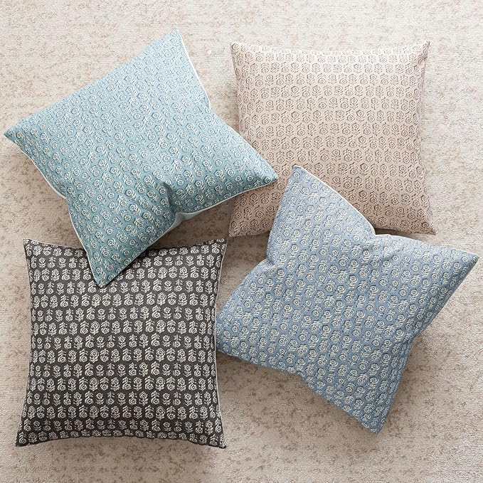 Foindtower Set of 2 Decorative Vintage Floral Print Throw Pillow Covers Neutral Accent Farmhouse Cushion Covers Boho Home Decor for Sofa Couch Chair Bedroom Living Room Outdoor,22×22 Inch,Sky Blue