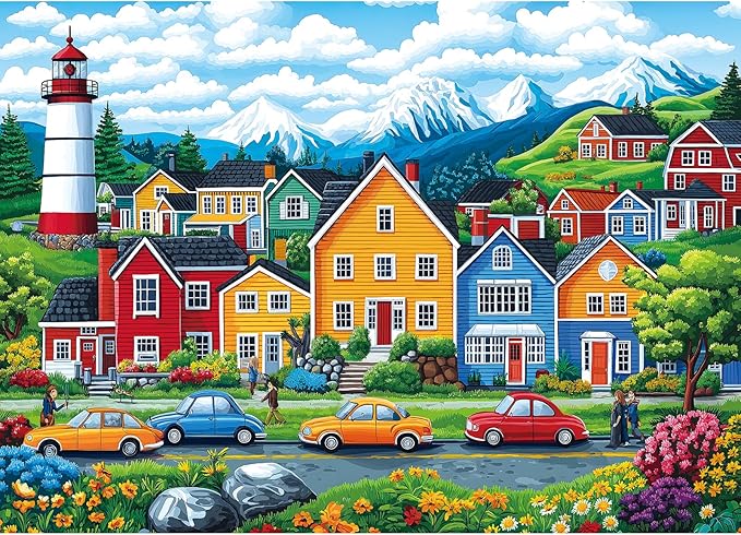 Blueforest 1000 Piece Jigsaw Puzzle for Adults - Coastal Village Scene: Colorful Houses, Lighthouse & Mountain View, 27.5x19.7 Inch Large Puzzle, Challenging Hard Difficult Puzzles for Adults