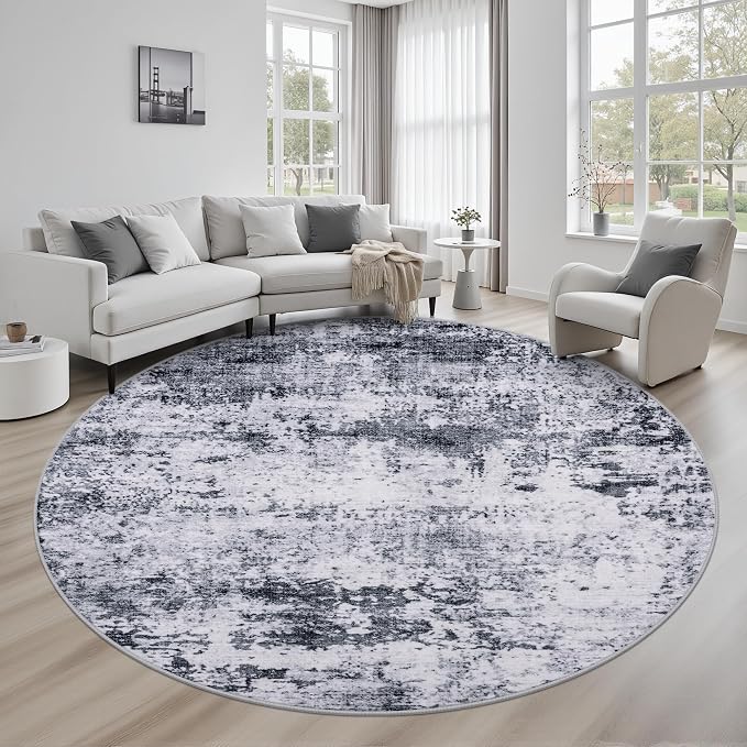 Round Area Rug for Living Room: 8 ft Washable Modern Abstract Soft Thin Rug Indoor Floor No Slip Stain Resistant Carpet for Bedroom Dining Room Farmhouse Nursery Home Office - Grey