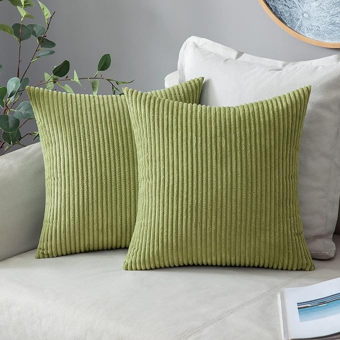 MIULEE Decorative Corduroy Throw Pillow Covers Set of 2 18x18 Grass Green | Soft Striped Textured Cushion Cases, Boho Natural Greenery Pillowcases for Home Decor, for Couch Chair Sofa Bed Living Room