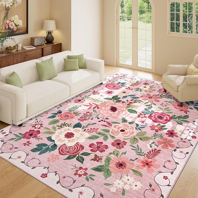 DUKINO 5x7 Area Rugs, Floral Washable Rug for Living Room Non Slip, Pink | Soft, Low Pile, Stain Resistant Indoor Rug for Bedroom, Dining Room, Office, Pet Friendly, Lightweight, Modern Home Decor