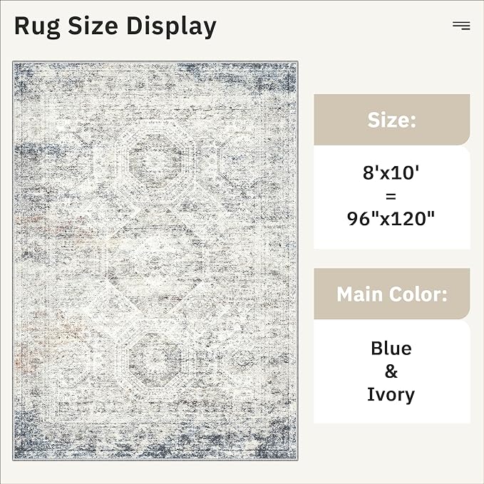 Soalmost Washable Area Rug 8x10 Large Soft Living Room Rugs Blue/Ivory | Vintage Non-Slip Carpet for Dining Bedroom, Stain Resistant Low Pile Foldable Lightweight Floor Mat Under Table Home Decor