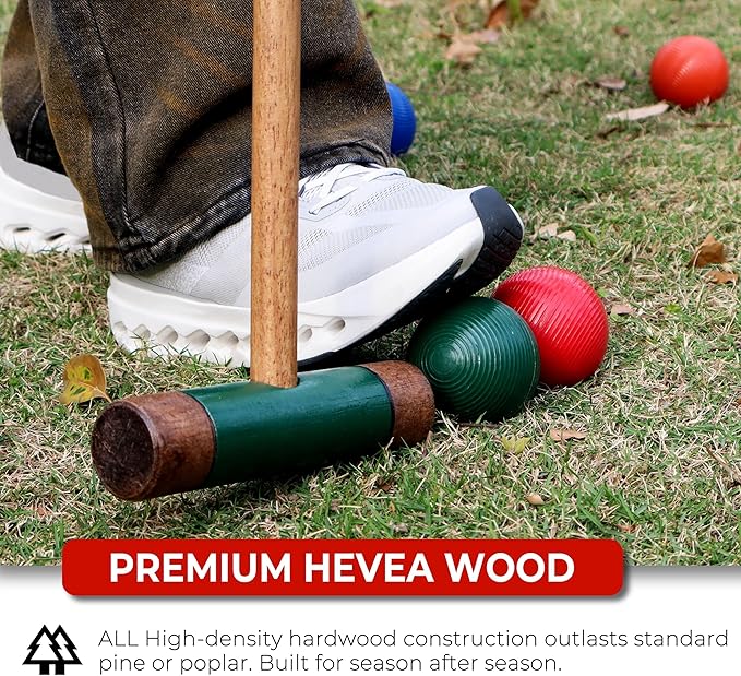 SPORT BEATS Six Player Croquet Set Solid RubberWood 32 Inch Mallets with Carry Case, Six Balls, Nine Wickets, 2 Stakes for Backyard Outdoor Games