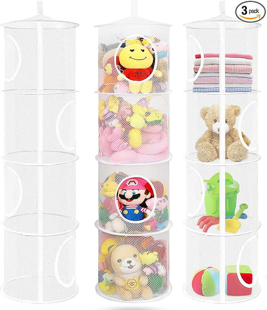 3Pcs Stuffed Animal Storage Foldable Stuffed Animal Net or Hammock Organizer, 4 Compartments Hanging Toy Storage Organizer, Toy Organizer for Kid Room Toys, Gloves, Hats, Socks(White)