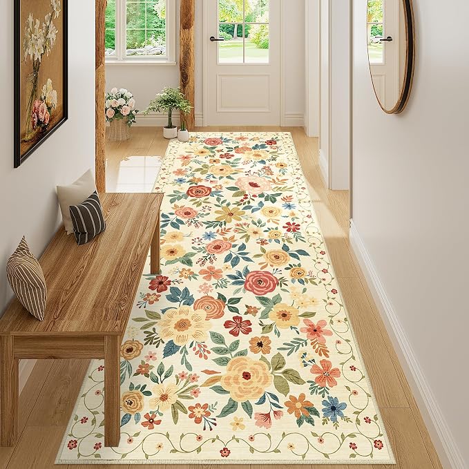 DUKINO 3x8 Hallway Runner Rug, Washable Kitchen Rug Non Slip, Beige Yellow | Soft, Low Pile, Floral Indoor Carpet Runner for Hallway, Entryway, Bedroom, Bathroom, Laundry, Pet Friendly, Home Decor