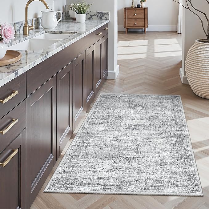 Soalmost 3x4 Rugs Non-Slip, Small Washable Kitchen Entryway Area Rug Grey | Vintage Low Pile Carpet for Nursery Coffee Table Bathroom, Foldable Stain Resistant Indoor Door Mat Entrance Powder Room