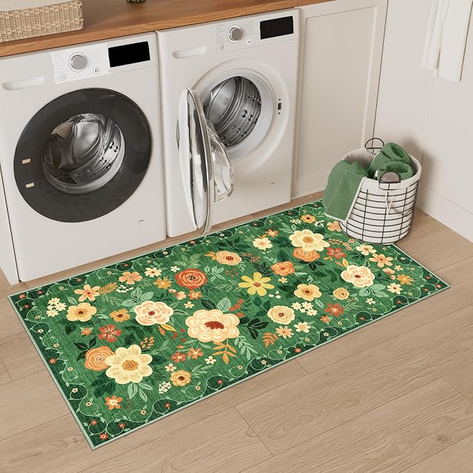 DUKINO 2x4 Entryway Rug, Floral Washable Kitchen Rugs Non Slip, Dark Green | Low Pile, Soft Indoor Runner Rug for Hallway, Bedroom, Bathroom, Laundry, Pet Friendly, Modern Home Decor, Stain Resistant