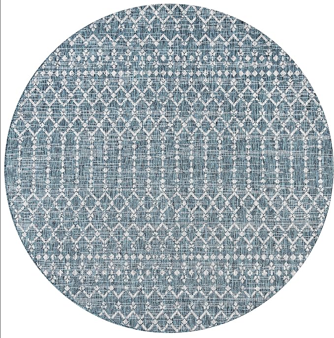 JONATHAN Y Moroccan Geometric Indoor Outdoor Round Area Rug 4 Ft Teal/Gray, Ourika Textured Weave for Backyard, Patio, Porch, Easy-Cleaning, High Traffic, Pet-Friendly, Non-Shedding (SMB108C-4R)