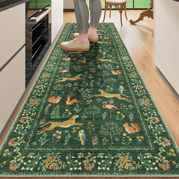 DUKINO 2.6x8 Rug for Hallway, Washable Kitchen Runner Rug Non Slip, Green | Low Pile, Stain Resistant, Soft Animal Indoor Carpet Runner for Entryway, Bedroom, Bathroom, Laundry, Lightweight, Home Decor
