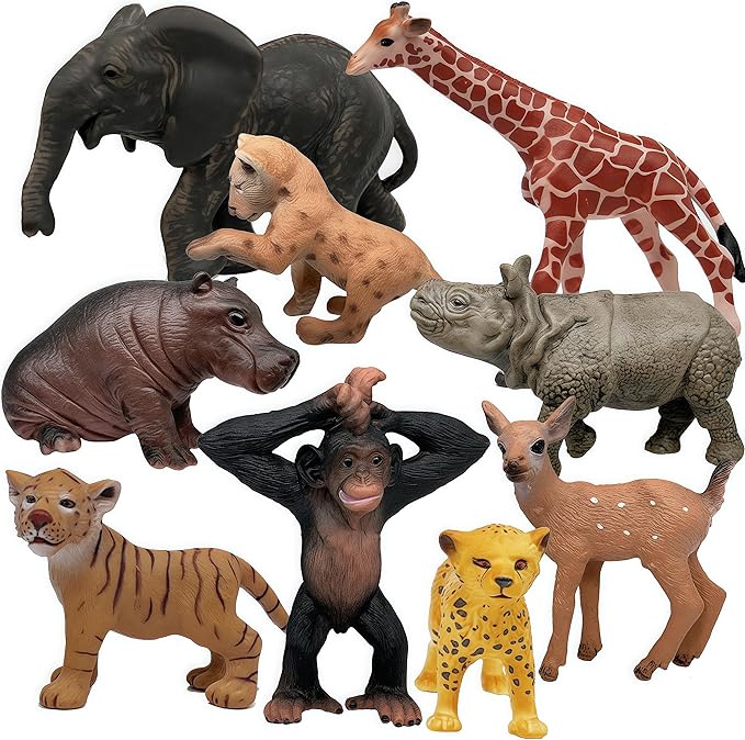 Gemini&Genius 9Pcs Wild Animal Cub Toys Kit for Kids, Jungle Animal Cub Toy Figures, Toy Gifts for Kids, Wildlife Toys, Cake Toppers, Realistic Soild Plasitc Figurines