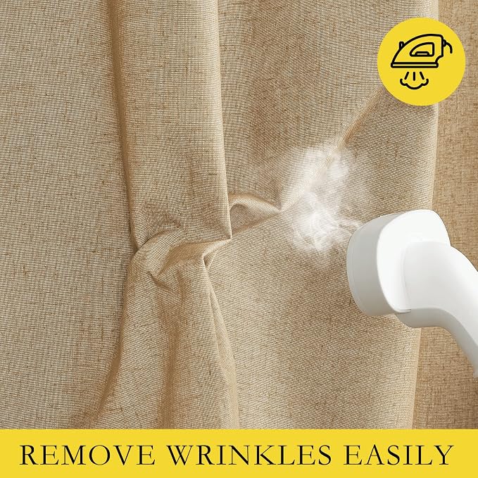 NICETOWN 100% Absolutely Blackout Linen Curtains with Thermal Insulated White Liner, Camel, 34" Wide by 60" Long, 2 Pieces, Linen Blend Window Drapes Privacy Window Treatments for Bedroom/Kids Room