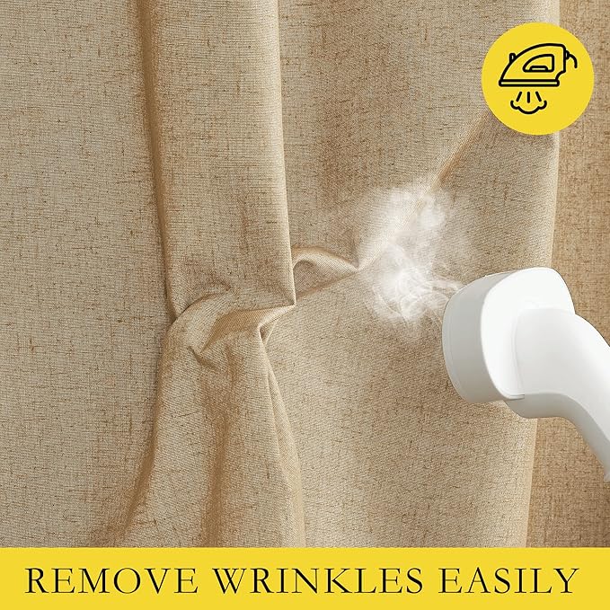 NICETOWN 100% Absolutely Blackout Linen Curtains with Thermal Insulated White Liner, Camel, 52" Wide by 45" Long, 2 Pieces, Linen Blend Window Drapes Privacy Window Treatments for Bedroom/Kids Room