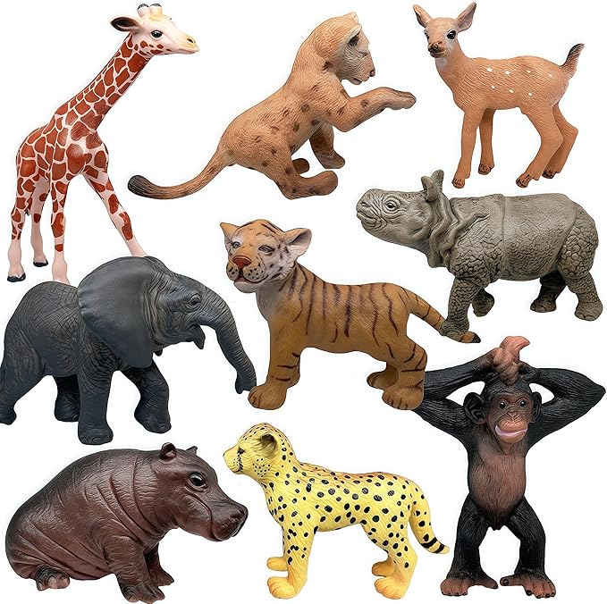 Gemini&Genius 9Pcs Wild Animal Cub Toys Kit for Kids, Jungle Animal Cub Toy Figures, Toy Gifts for Kids, Wildlife Toys, Cake Toppers, Realistic Soild Plasitc Figurines