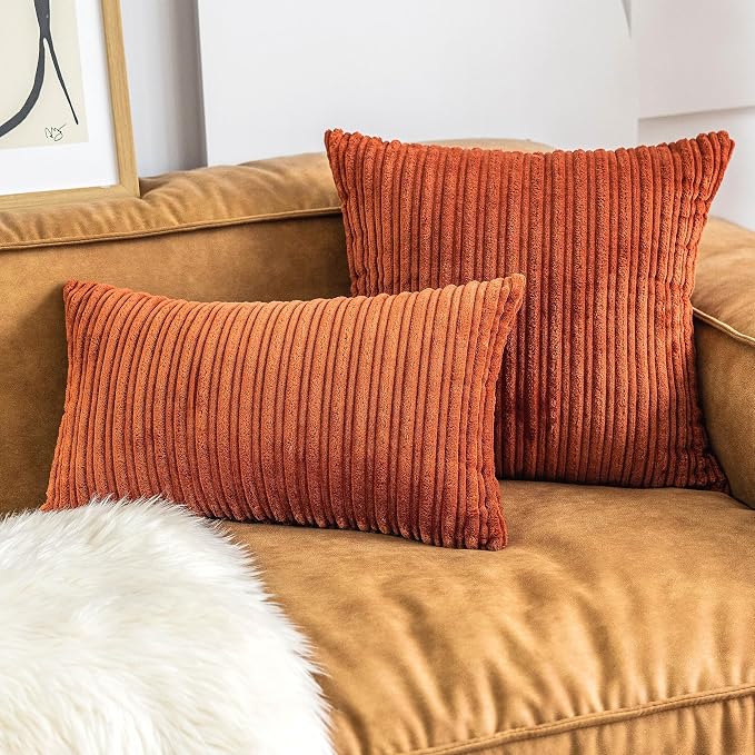 UGASA Fall Decor Super Soft Striped Corduroy Throw Pillow Covers Large Sham Cushion Cover Living Room, 2 Pcs, 22" x 22" (55cm), Burnt Brick