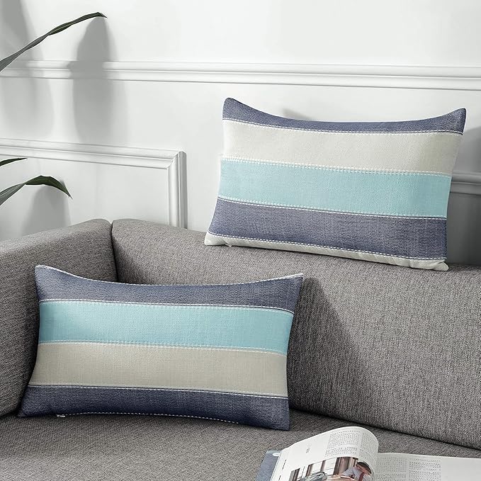 Pack of 2 Farmhouse Stripe Check Throw Pillow Covers Set Case Cotton Linen Decorative Pillowcases Cushion Cover for Couch Bench Sofa 12x20Inch Blue Beige