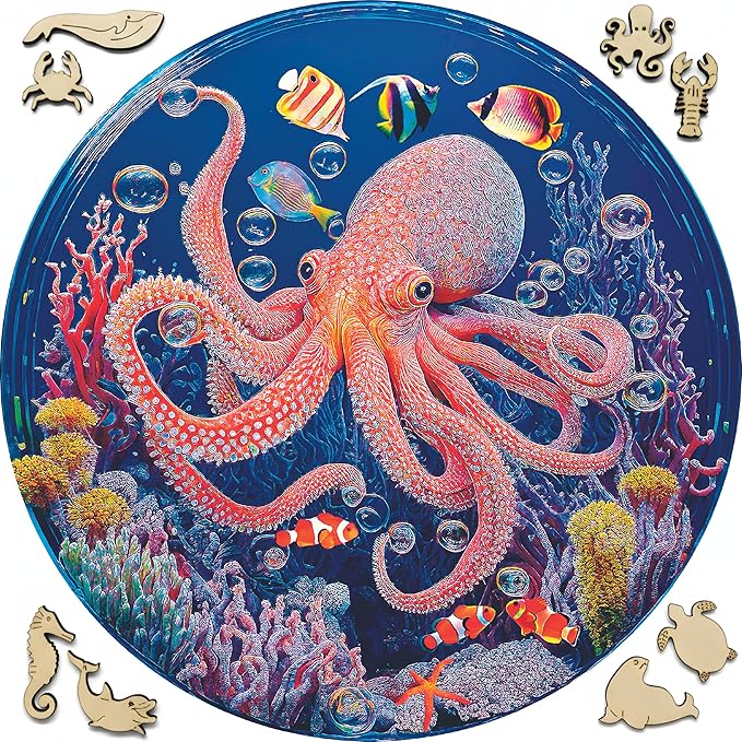 Wooden Puzzles for Adults - Eco-Friendly Wood Puzzles 200 Pieces - Premium Gift Box - Jigsaw Puzzles for Family Activity - Whimsical Shape Puzzle Pieces - Octopus