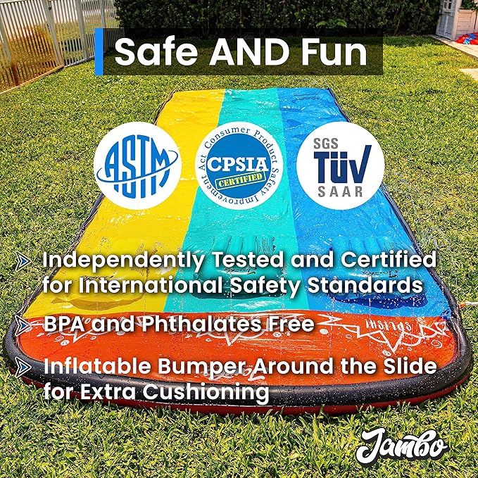 JAMBO XL 20Ft Premium 3 Lane Slip Splash and Slide with 3 Bodyboards, Heavy Duty Water Slide- Advanced 3-Way Water Sprinkler System, Backyard Waterslide Outdoor Water Toys n Slides for Kids
