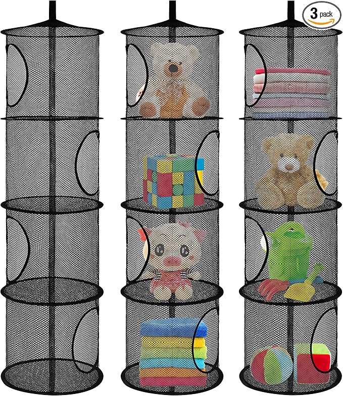 3Pcs Hanging Mesh Space Saver Bags Organizer, Foldable Storage Organizer 4 Compartments Toy Storage Organizer for Kid Room Toys, Gloves,Hats,Socks Storage (Black)