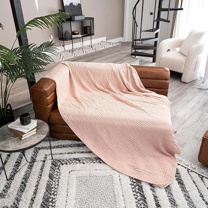 Comfy Cubs Adult Muslin Blanket 50x60” Throw Swaddle Blankets, Blush | 6 Layer Soft, Breathable & Lightweight Muslin Adult Blanket - Machine Washable & Designed in the US Bedding for All Seasons