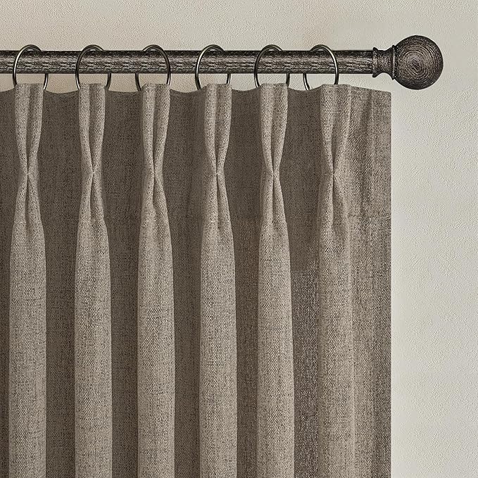 Pinch Pleated Extra Wide Bedroom Curtains 70 x 84 Inches Long 2 Panels Set, Memory Trained Dark Flax Linen Blend Semi Sheer Farmhouse Light Filtering Privacy Windows Drapes for Living Room 7 FT Length