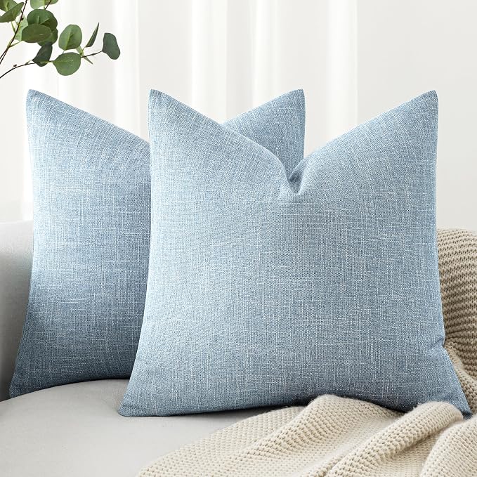 MIULEE Pack of 2 Linen Textured Euro Pillow Covers, 24x24 Inch Light Blue | Decorative Linen Burlap Throw Pillowcases, Coastal Boho Farmhouse Accent Home Decor for Sofa Couch Bedroom Living Room