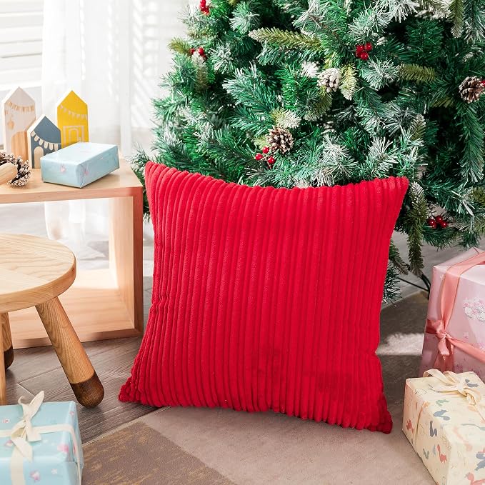 UGASA Valentines Corduroy Striped Soft Soild Decorative Square Throw Pillow Covers Set Cushion Cases Pillowcases for Sofa Bedroom, 1 Pc, 26x26inch, Red