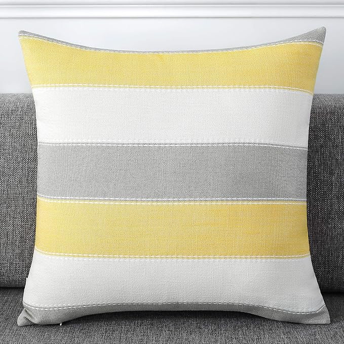 Pack of 2 Farmhouse Stripe Check Throw Pillow Covers Set Case Cotton Linen Decorative Pillowcases Cushion Cover for Couch Bench Sofa 16x16Inch Yellow Beige