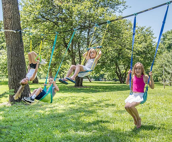 Swingset Gymnastics Kit 36 ft - Slackline Swing Set for Backyard, Monkey Bars & Gymnastics Line - 2 Swings, Double Trapeze bar, 2 Gym Rings - Outdoor Playset for Kids - Ages 3+ Holds 500 lbs.