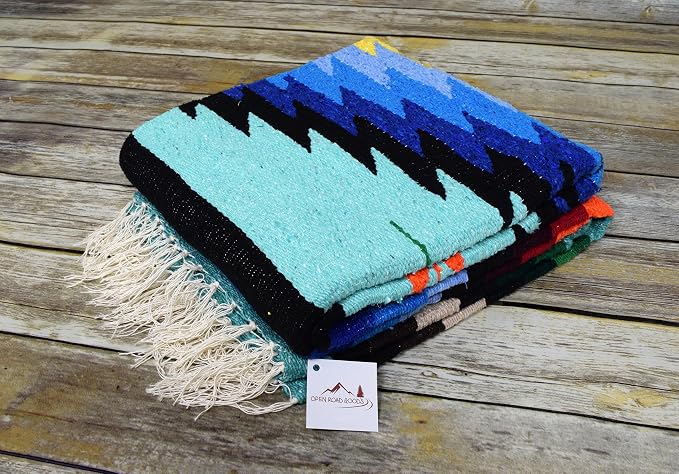 Open Road Goods Aztec Navajo Style Blanket, Throw, or Yoga Bolster - Handwoven Mexican Diamond Blanket (Mint)