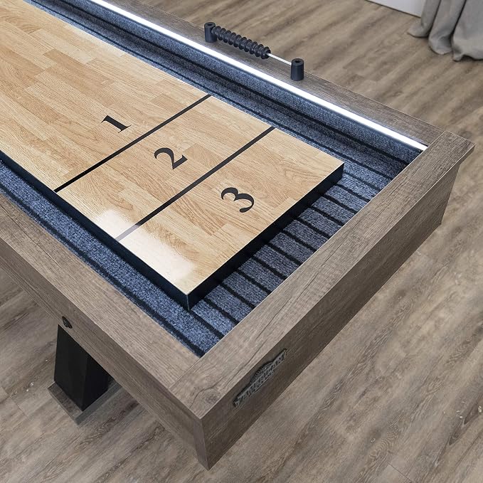 American Legend Kirkwood 9’ Shuffleboard Table with LED Rails, Bowling Game Set, Rustic Wood Finish & Accessories Included