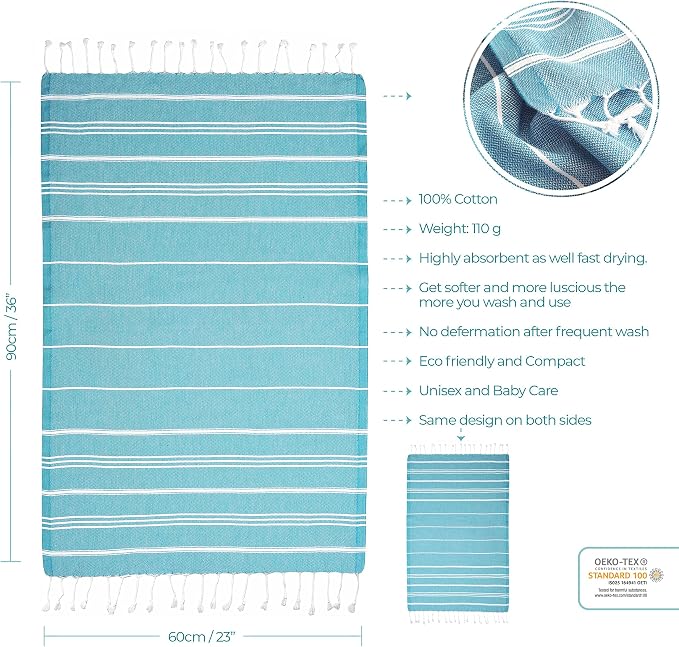Cacala 100% Turkish Cotton Kitchen Tea Towels, Highly Absorbent Luxury Soft Quick Drying Dish Towel with Hanging Loop for Gym, Yoga, Bath, Sports, Cleaning and Kitchen (23 x 36), Turquoise Blue