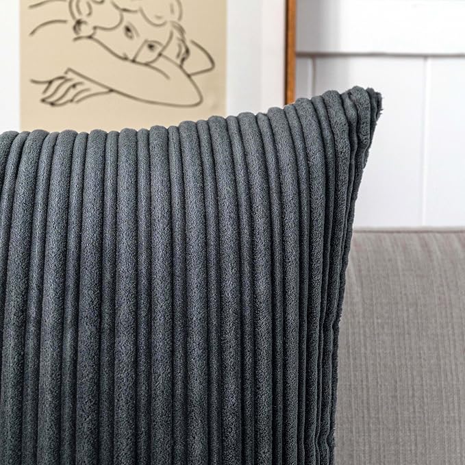 UGASA Corduroy Striped Soft Soild Decorative Square Throw Pillow Covers Set Cushion Cases Pillowcases for Sofa Bedroom, 1 Pc, 20x20inch, Dark Grey