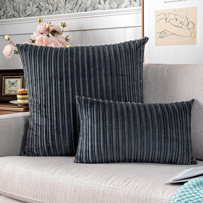 UGASA Corduroy Striped Soft Soild Decorative Square Throw Pillow Covers Set Cushion Cases Pillowcases for Sofa Bedroom, 2 Pcs, 24x24inch, Dark Grey