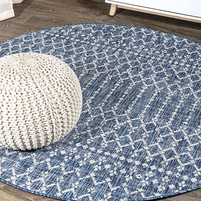 JONATHAN Y Moroccan Geometric Indoor Outdoor Round Area Rug 6 Ft Navy/Light Gray, Ourika Textured Weave for Backyard, Patio, Porch, Easy-Cleaning, High Traffic, Pet-Friendly, Non-Shedding SMB108B-6R