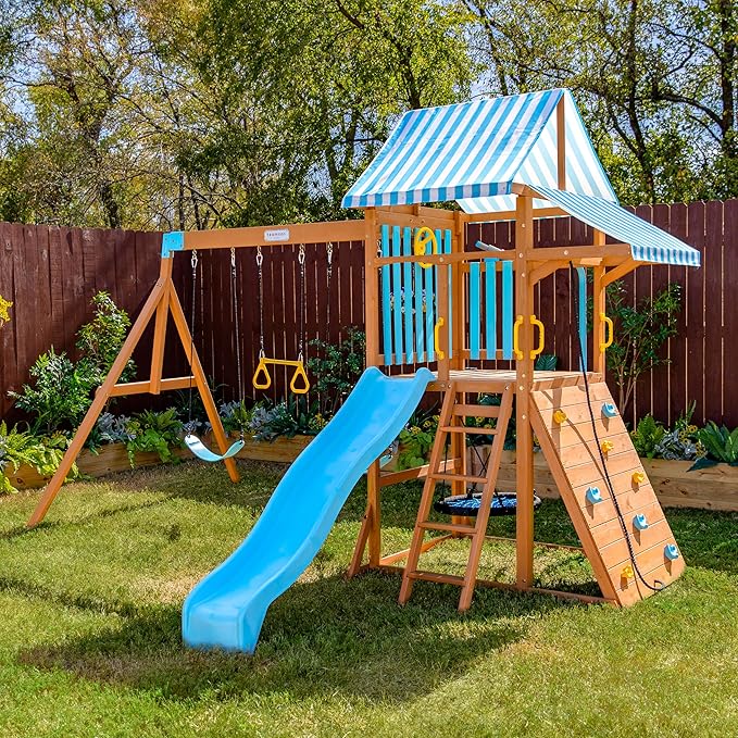 Teamson Kids Laguna Wooden Swing Set with Slide & Climbing Wall, Solid Wood, Natural and Aqua