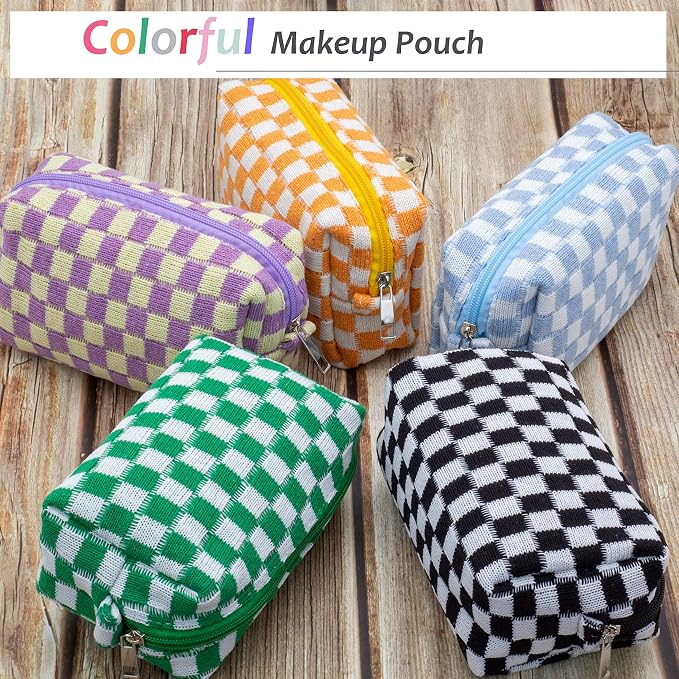 PAZIMIIK Checkered Makeup Bag for Purse Portable Zipper Make Up Pouch Small Cosmetic Case for Travel Accessories (6PCS Black)