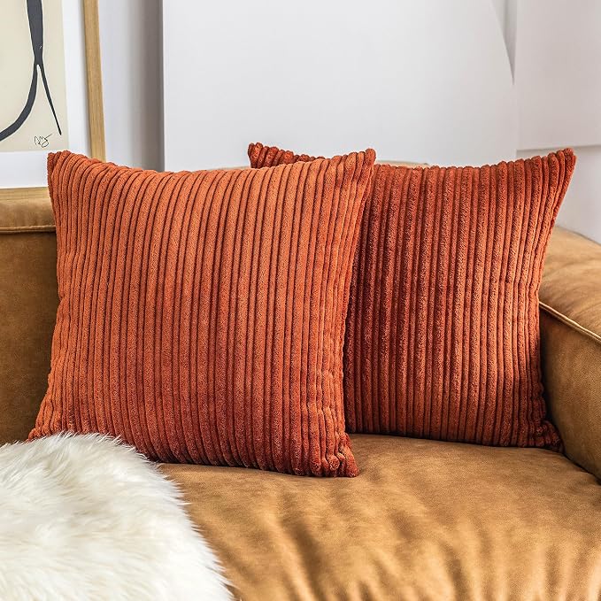UGASA Fall Decor Super Soft Striped Corduroy Throw Pillow Covers Large Sham Cushion Cover Living Room, 2 Pcs, 22" x 22" (55cm), Burnt Brick