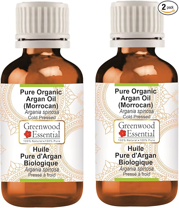 Greenwood Essential Pure Organic Argan (Moroccan) Oil (Argania spinosa) Cold Pressed (Pack of Two) 100ml X 2 (6.76 oz)