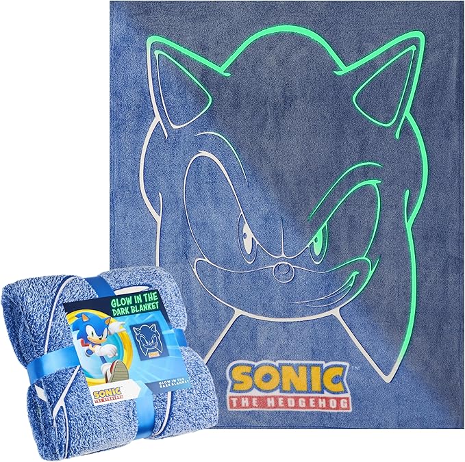 Sonic The Hedgehog Glow in The Dark Throw Blanket 51x59” for Kids, Soft Fleece Throw Blanket for Sofa Bed, Gamer Gifts for Kids (Blue Sonic)