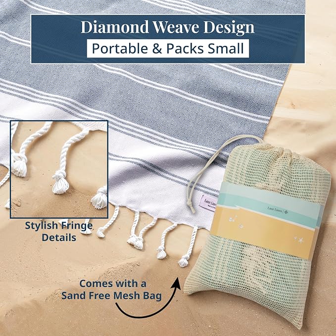 LANE LINEN Camping Blanket - Large Beach Towel, Beach Accessories with Oversized Comfort (82"x82"), Sandproof, Perfect for Seaside Adventures, Park Gatherings, or Family Beach Days – Navy Blazer