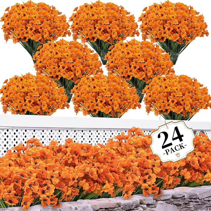 ColoPlay Artificial Mums for Outdoors, 24 Bundles Fake Flowers Fall Decor | Fake Fall Flowers Faux Mums for Outdoor Planters, UV Resistant Artificial Plants for Home Garden Porch Farmhouse(Orange)