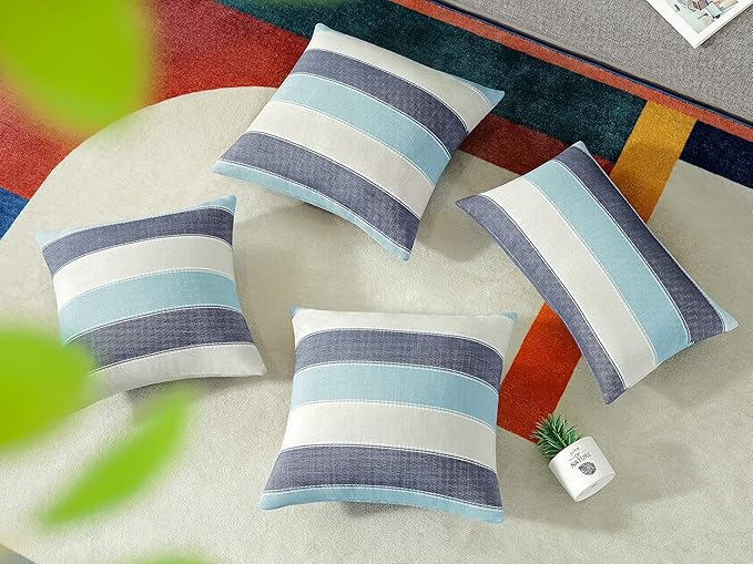 Pack of 2 Farmhouse Stripe Check Throw Pillow Covers Set Case Cotton Linen Decorative Pillowcases Cushion Cover for Couch Bench Sofa 18x18Inch Blue Beige