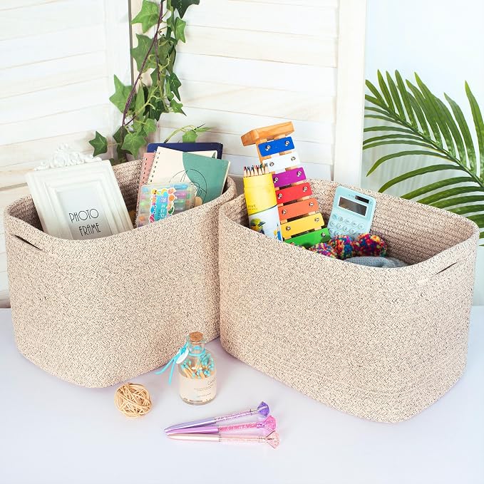 3-Pack Decorative Woven Storage Baskets for Shelves, Cube Bin Box for Organizing Books, Shoes, Dog Toys, Pantry Closet and Living Room Organizer, Oatmeal Brown