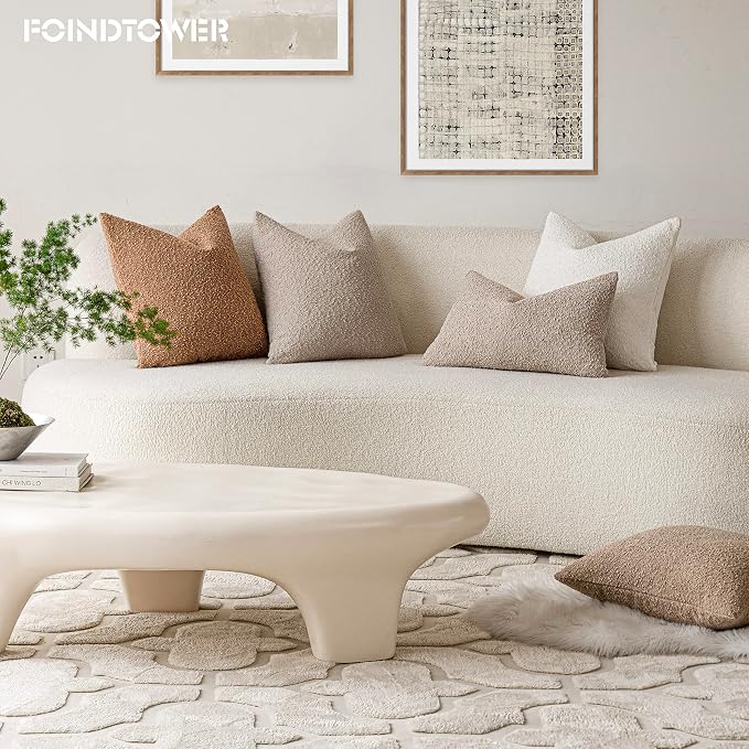 Foindtower Pack of 2 Textured Boucle Throw Pillow Covers Accent Solid Lumbar Pillow Cases Cozy Soft Decorative Couch Cushion Case for Chair Sofa Bedroom Living Room Home Decor, 12 x 20 Inch,Oatmeal