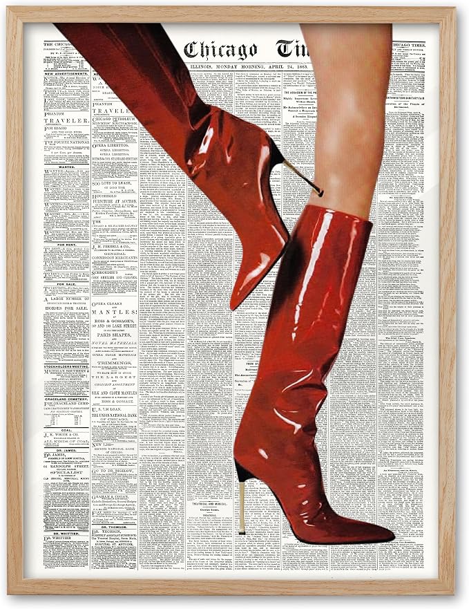 EcoHest Small 8x10 in Red Boots Newspaper Framed Wall Art | Natural Oak Wood Frame, Canvas Wall Art, Fashion Magazine Wall Decor for Bedroom, Apartment, Dorm Room, College Room, 1Pack