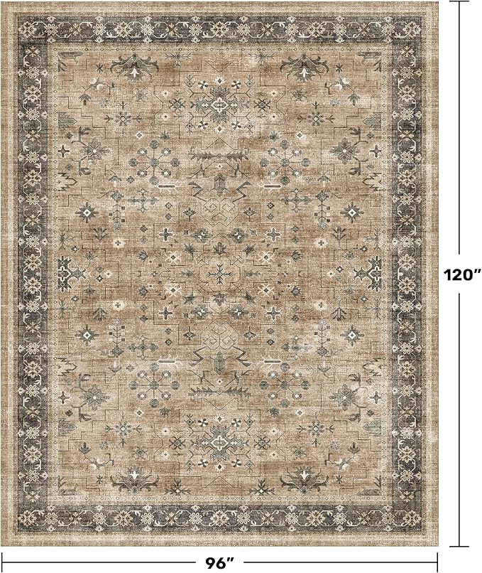 Taupe and Sage 8x10 Living Room Rug, Oriental Large Area Rug for Dining Room Under Table, Natural Washable Low Pile Bedroom Carpet, Non-Slip Stain Resistant Indoor Door Mat