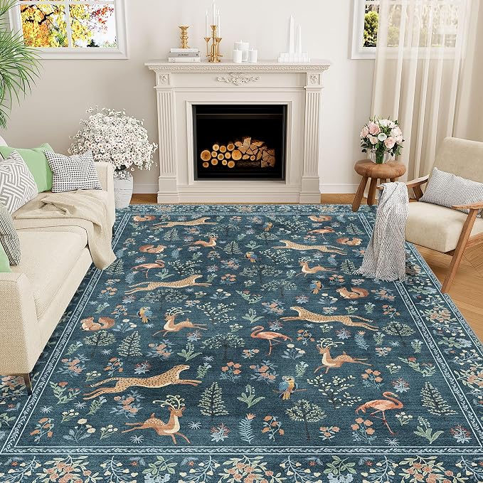 DUKINO 8x10 Area Rugs, Washable Soft Animal Bedroom Rug Non Slip, Blue | Non Slip, Low Pile, Stain Resistant Indoor Large Carpet for Living Room, Dining Room, Kids PlayRoom, Farmhouse, Pet Friendly