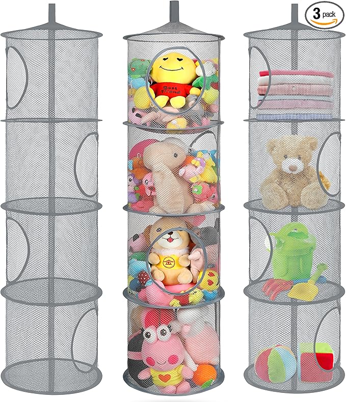 3Pcs Hanging Mesh Space Saver Bags Organizer, Foldable Storage Organizer 4 Compartments Toy Storage Organizer for Kid Room Toys, Gloves,Hats,Socks Storage (Grey)